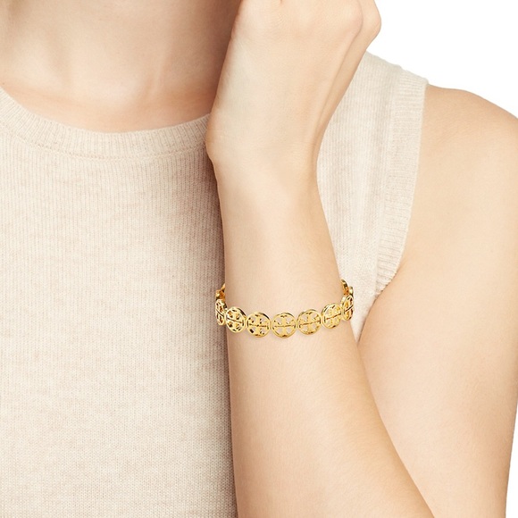 Tory Burch Gold Logo Cuff Shiny Brass Bracelet NEW - Picture 4 of 7